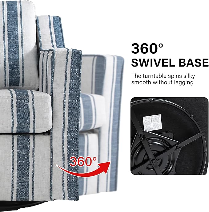 Swivel Accent Chair Set of 2, Modern Round Barrel Arm Chair for Living Room, Bedroom, Comfy Club Reading Chairs for Adult, Stripe Navy Blue