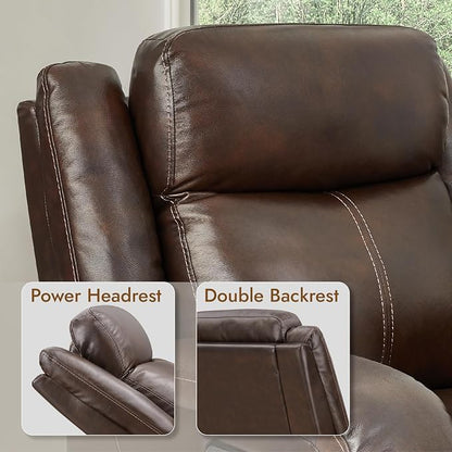 Watson & Whitely Oversized Genuine Leather Power Recliner Chairs for Big and Tall, Wall Hugger Recliner with Power Headrest & Charging Ports, Extra Large Reclining Chair for Living Room, Dark Brown