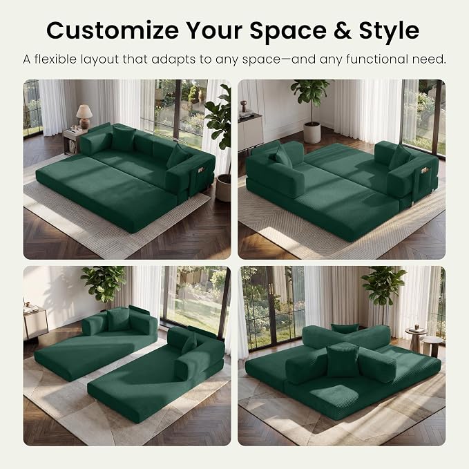 78.8" Convertible Sofa Bed,Corduroy Futon Couch with Storage Pocket,Folding Pull Out Futon Sofa,No Assembly Boneless Couch for Living Room, Forest Green