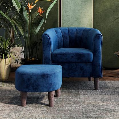 LINSY Accent Chair with Ottoman, Modern Barrel Chair Comfy Armchair Reading Chair with Footrest, Round Arms Chair for Living Room Bedroom Reading Room, Velvet, Blue