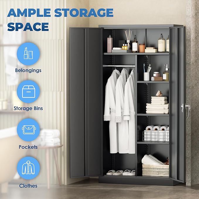 INTERGREAT Wardrobe Cabinets with Locking Doors and Shelves, Clothing Locker 72“ X 36“ X 18“ Storage Cabinets for Home Room, School, Employee,Gym (Black)