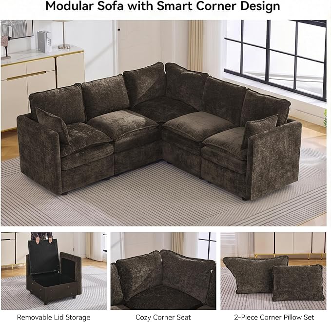 80" Brown Modular Storage Sofa, V Shaped Chenille Cloud Couch with Armrest | Oversized Convertible Sectional Sofa, 5-Seat Sectional Couch With Armrests, Large Cloud Couch For Living Room, Apartment.