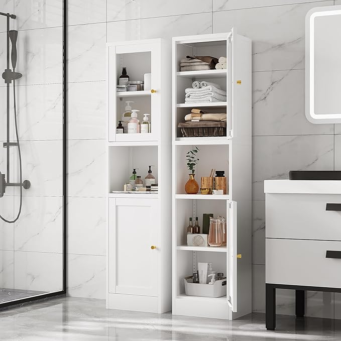 67" Tall Narrow Storage Cabinet with Glass Door and Open Shelf,Metal Pantry Cabinet with Adjustable Shelves,Shaker Style Slim Cabinet for Bathroom Kitchen Small Spaces, White, 1Pc