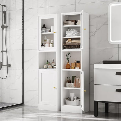 67" Tall Narrow Storage Cabinet with Glass Door and Open Shelf,Metal Pantry Cabinet with Adjustable Shelves,Shaker Style Slim Cabinet for Bathroom Kitchen Small Spaces, White, 1Pc