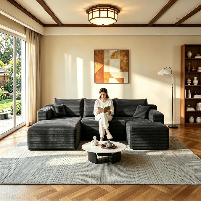 JINGLING 94" U Shaped Boneless Sectional Couch Set for Living Room, Plush Corduroy Modular Sofa with Ottoman, Small Space Apartment Couch, No Assembly, Left Facing Chaise, Dark Grey