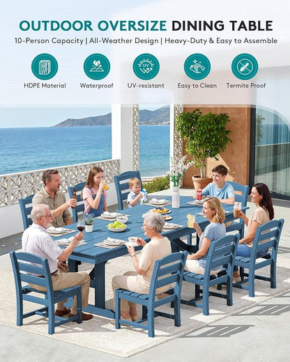SERWALL 9 Piece 84" HDPE Outdoor Dining Set for 8 with Armless Chairs and Umbrelle Hole, Blue