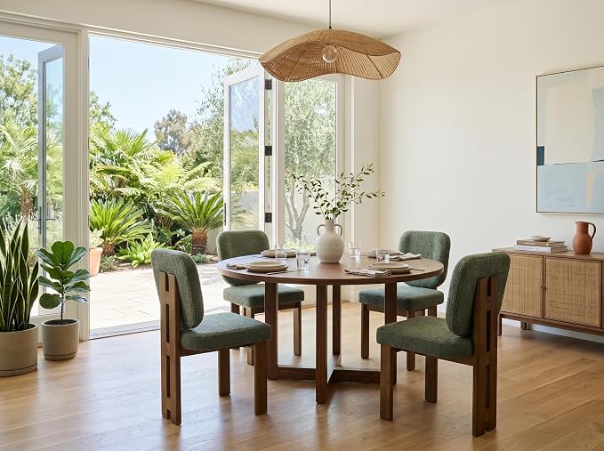 CIMOTA Chenille Dining Chairs Set of 2, Modern Upholstered Side Chairs with Walnut Wooden Frame and Contoured Backrest, Mid-Century Inspired Accent Chairs for Dining Room, Green