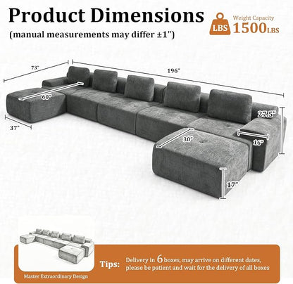 196" U Shaped Oversized Boneless Couch, Comfort Cloud Sectional Couches for Living Room, Modular Sofa High Back & Extra Deep Seat, No Assembly, Soft Chenille (Dark Grey, 196 inch-U shaped（5+2）)