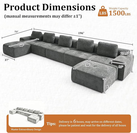 196" U Shaped Oversized Boneless Couch, Comfort Cloud Sectional Couches for Living Room, Modular Sofa High Back & Extra Deep Seat, No Assembly, Soft Chenille (Dark Grey, 196 inch-U shaped（5+2）)