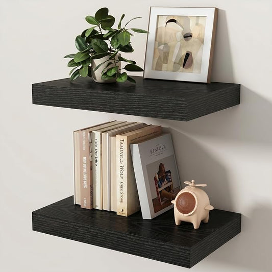 Floating Shelves for Wall, 16 Inch x 8 Inch Deep Wall Mounted Wood Shelf with Invisible Brackets for Storage & Display, Living Room Bedroom Kitchen, Black, Set of 2