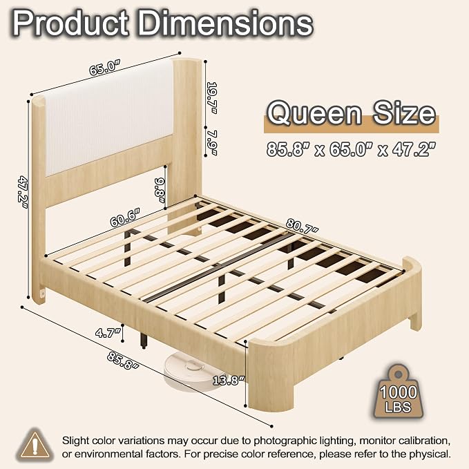 Queen Size Upholstered Platform Bed Frame with Wingback Headboard, Motion-Sensing LED Lights, Sturdy Slats, Mattress-Lock Footboard, PU Leather,No Box Spring Needed, Easy Assembly, Whitewashed Oak
