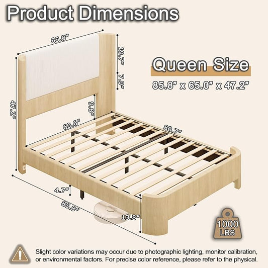 Queen Size Upholstered Platform Bed Frame with Wingback Headboard, Motion-Sensing LED Lights, Sturdy Slats, Mattress-Lock Footboard, PU Leather,No Box Spring Needed, Easy Assembly, Whitewashed Oak