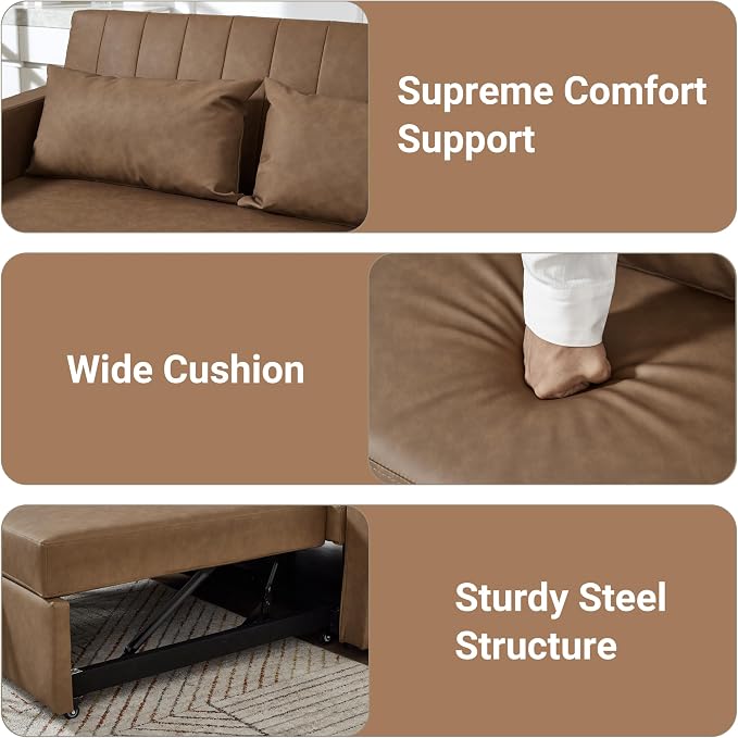 55'' Leather Sofa Bed, Pull Out Sleeper Sofa Couch Bed, Loveseat Sleeper, Futon Sofa Couch with Side Pocket, Convertible Sofa Bed for Living Room, Apartment, Bedroom, RV, Brown