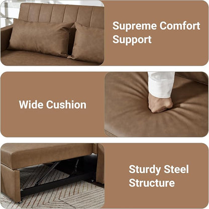55'' Leather Sofa Bed, Pull Out Sleeper Sofa Couch Bed, Loveseat Sleeper, Futon Sofa Couch with Side Pocket, Convertible Sofa Bed for Living Room, Apartment, Bedroom, RV, Brown