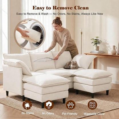 3 Seater U-Shape Couch Sofa with Ottomans, 69" Small Couch Modern Comfy Cloud Sofa with 23" Deep Washable Pillow ChenilleCover Couches for Living Room Bedroom Apartment Office 69-Beige-U