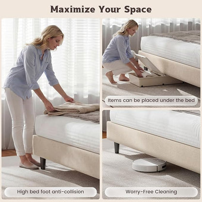 EnHomee Queen Bed Frame with Upholstered Headboard,Adjustable Height,Charging Station, Noise-Free, No Box Spring Needed, Easy Assembly,Beige