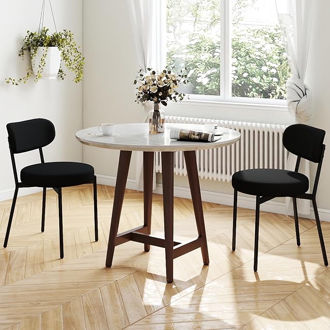 KROFEM Set of 2 Boucle Fabric Dining Chairs,Black | Mid-Century Style Comfort Sponge Filled Seat Back Dining Room Chairs for Kitchen Dining Table
