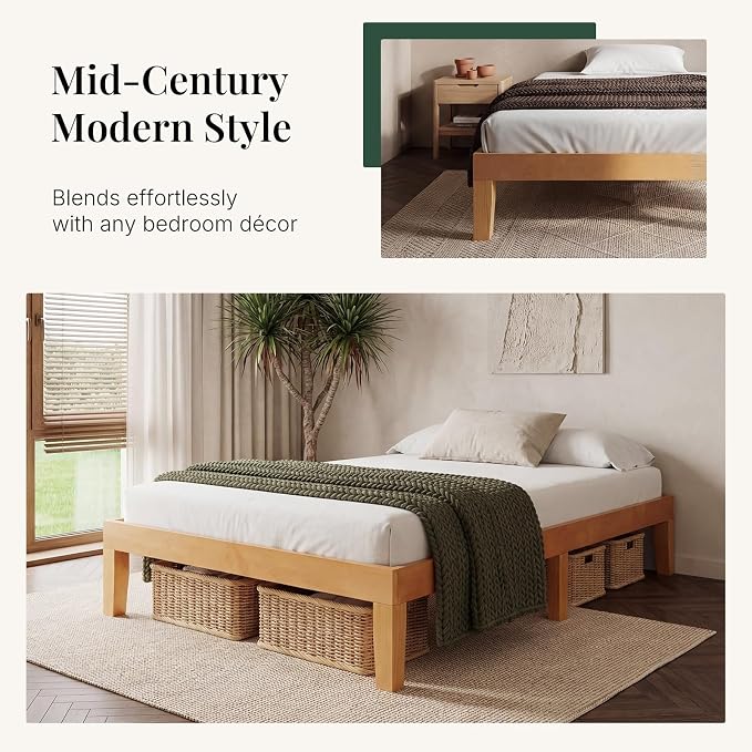 Sweetcrispy Twin Size Bed Frame 12 inch Heavy Duty Platform Bedframe, 500 lbs Capacity, Underbed Storage, No Box Spring Needed, Wooden Slats, Easy Assembly with Velcro, Honey Finish