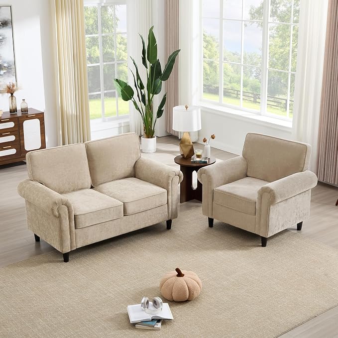 Kingfun Loveseat 2 Seater Couch with Chair, Mid Century Modern Chenille Sofa Set with Rolled Arms and Deep Seats, Fluffy Comfort for Living Room, Apartment, Easy Assembly, Khaki