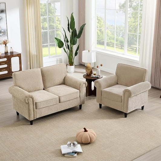Kingfun Loveseat 2 Seater Couch with Chair, Mid Century Modern Chenille Sofa Set with Rolled Arms and Deep Seats, Fluffy Comfort for Living Room, Apartment, Easy Assembly, Khaki
