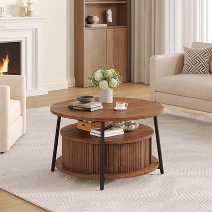 31.5 Inch Round Coffee Table with Storage, Fluted Coffee Tables with 2 Tiers, Mid-Century Modern Center Table with 2 Sliding Doors and Adjustable Footpad for Living Room, Walnut