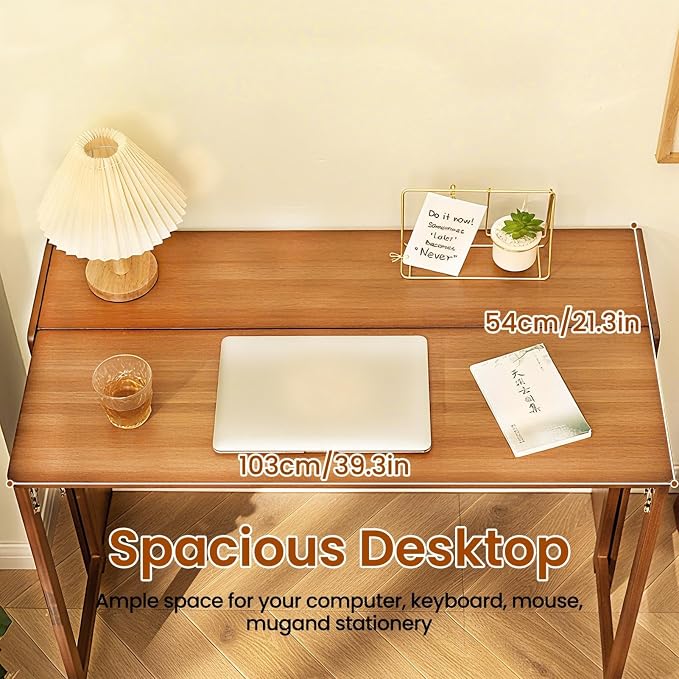 Bamboo Foldable Desk, 41" Folding Bamboo Desk for Small Spaces, Mid Century Small Computer Desks with Bookshelf, Wooden Desks for Home Bedroom Study Office, Brown