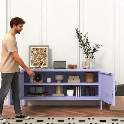 Wide Lockable Metal TV Stand with Accent Cabinet Locker, Heavy Duty Entertainment Center for Bedroom, Adjustable Shelves & 2 Doors, Multifunctional Storage Cabinet for Home 22"H X 35.4"W X 13.8"D