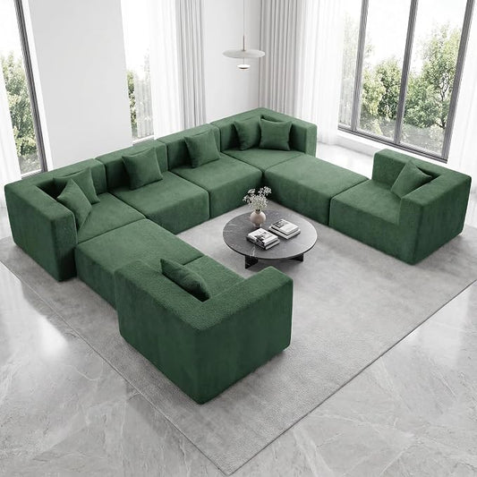 MONVANE Modular Sectional Sofa, Oversized 8 Seat Convertible U Shaped Couch with Ottoman, Comfy Teddy Velvet Cloud Couch with Deep Seat, Sectional Couches for Living Room, No Assembly Required, Green