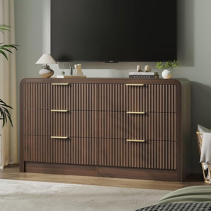 Decofy Fluted Drawers Dresser for Bedroom, Wood Dressers with Gold Handles, Modern Dressers with Wave Texture, Large Storage Chest of Drawers, Bedroom Dresser Organizer 55'' & 6 Drawers (Walnut)