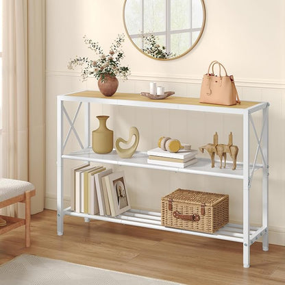 Hoctieon Industrial Console Table, 3 Tier Entryway Tables, Hallway Desk, Narrow Sofa Tables with Shelves, Entrance Table for Entryway, Living Room, Foyer, Hallway, Office, Oak Beige