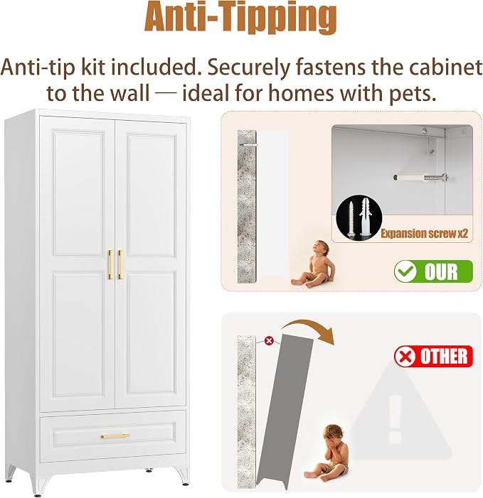 71" Tall Armoire Wardrobe Closet with with Drawer, Metal Storage Wardrobe with Hanging Rod, Clothing Storage Cabinets, White Bedroom Armoires with Adjustable Shelf, Steel Closet Cabinet for Bathroom