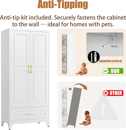 71" Tall Armoire Wardrobe Closet with with Drawer, Metal Storage Wardrobe with Hanging Rod, Clothing Storage Cabinets, White Bedroom Armoires with Adjustable Shelf, Steel Closet Cabinet for Bathroom