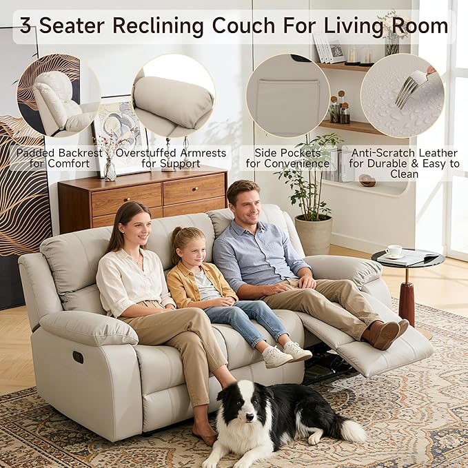 Reclining Couch Sofa Set Anti-Scratch Leather Recliner Couch Loveseat for Living Room, Bedroom, RV, Theater Seating(3 Seat Sofa+Loveseat,Beige)