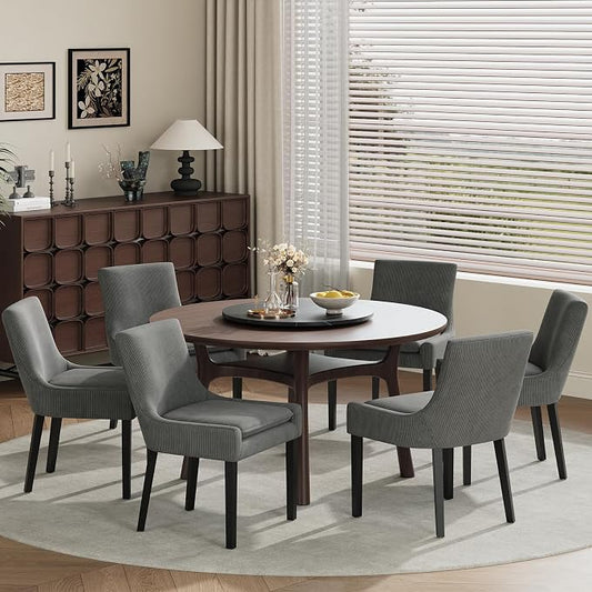 Modern Dining Room Chairs Set of 6 with Mid Back and Wood Legs, Upholstered Kitchen Chairs for Dining Room/Living Room, Dark Grey