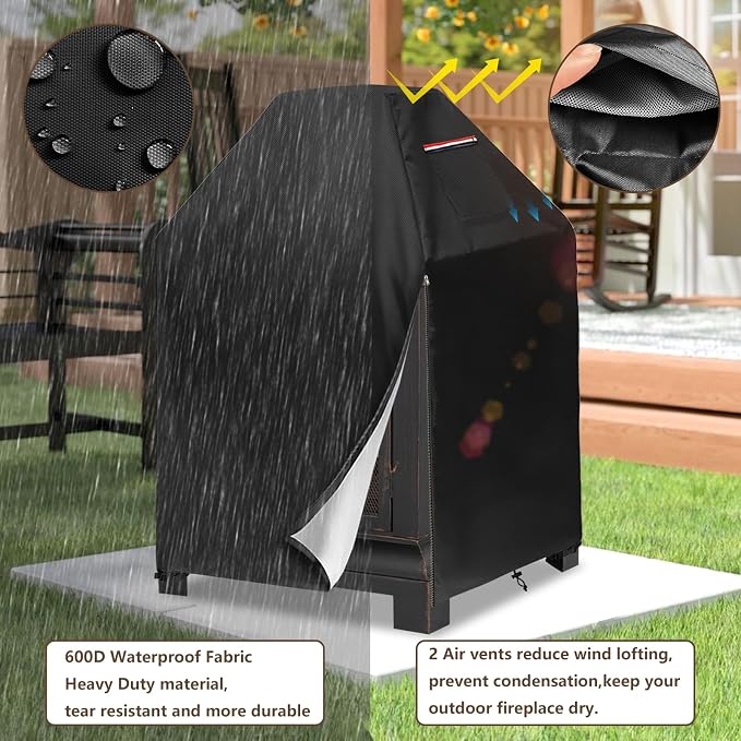 Outdoor Fireplace Cover,Heavy Duty 600D Square Chiminea Fireplace Cover,Pagoda Fire Pit Cover,25" L x 25" W x 39" H,Black.