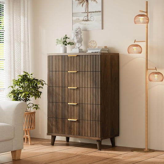 Lulive White Dresser for Bedroom Wood Tall Dressers Drawers, Fluted Modern Dresser 5 Drawers Walnut