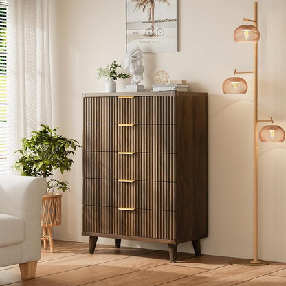 Lulive Modern Dressers and Nightstands Set 4-Piece, 2 Night Stands + 6-Drawer Dresser + 5 Drawers with Charging Station Modern Bedroom Sets Solid Wood Legs Walnut