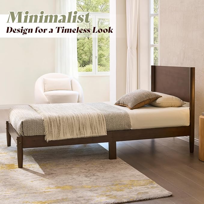 AMERLIFE Solid Wood Twin Bed Frame, Mid Century Modern Platform Bed with Full Panel Headboard, Noise-Free & Cylindrical Legs, No Box Spring Needed, Under-Bed Storage, Dark Walnut