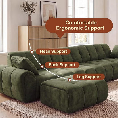 Claiks 118" Modern Boneless Couch, Corduroy Modular Cloud Sofa for Living Room, Deep Seat Sectional with Movable Ottoman, No Assembly Required, Green