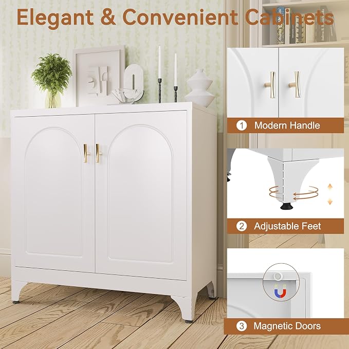 UNICOLY Buffet Cabinet with Storage, 33" H Side Board Storage Cabinet with Doors and Shelves, Metal Sideboard Cabinets for Dining Room, Living Room, White