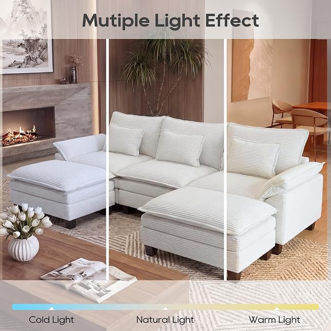URRED Oversized Modular Sectional Sofa, 122" U Shaped Modern Comfy Cloud Couch with Movable Ottoman & Pillows, Deep Seat Couches for Living Room, Bedroom or Apartment (Corduroy Beige, 122" U Shaped)