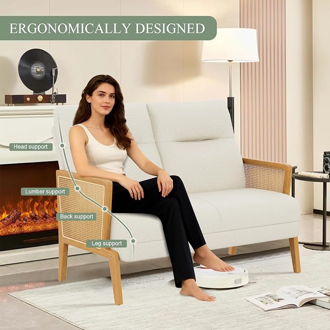 Love Seat Settee Mini Couch Upholstered Sofa with Natural Rattan Armrest Backrest Couch Bench Loveseat for Living Room Bedroom Beige