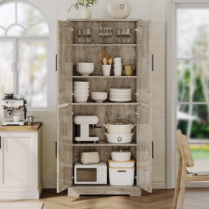 Garvee 70 Inch Tall Storage Cabinet, Kitchen Pantry Cabinet with Doors and Adjustable Shelves, Freestanding Wooden Classic Cupboard for Living Room, Dining Room, Bathroom