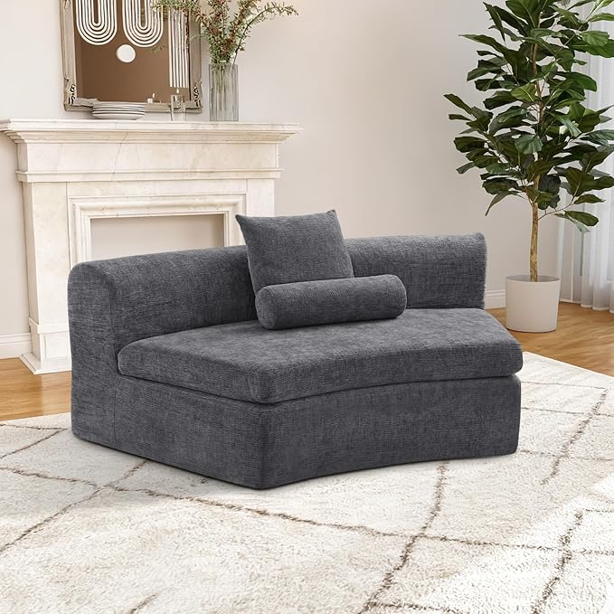 AVZEAR Curved Modular Sectional Sofa, Chenille Upholstered Cloud 1 Seater Couch for Living Room, No Assembly Modern Love Seat Sofa with 1 Bolster Pillows & 1 Square Pillows, High-Density Foam, Gray