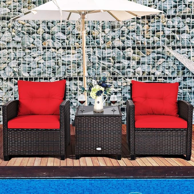 COSTWAY 3PCS Patio Furniture Set, PE Rattan Wicker Sofa w/Washable Cushion and Coffee Table, Tempered Glass Tabletop, Outdoor Conversation Set for Balcony, Porch, Yard, Backyard, Lawn, Red
