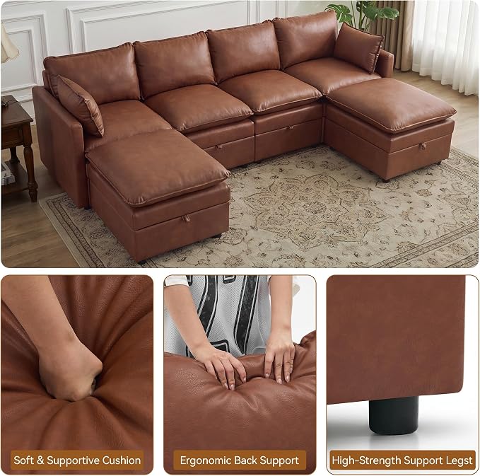 105" Brown Faux Leather Storage 4 Seater Sofa with 2 Ottomans, Comfy Couch | Convertible Modular Sectional Sofa, U Shaped Oversized Couch, Upholstered Large Cloud Couch For Living Room, Apartment.