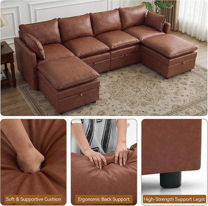 105" Brown Faux Leather Storage 4 Seater Sofa with 2 Ottomans, Comfy Couch | Convertible Modular Sectional Sofa, U Shaped Oversized Couch, Upholstered Large Cloud Couch For Living Room, Apartment.