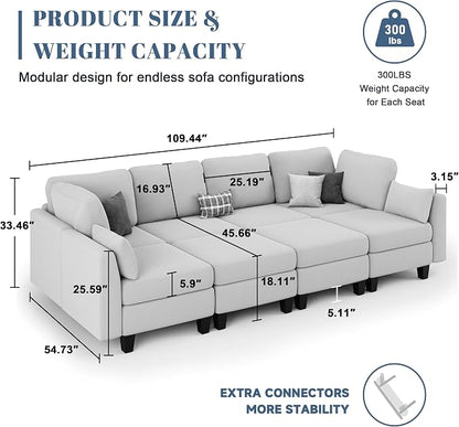 Sectional Sleeper Sofa, 8 Seaters Modular Sleeper Sofa Couch, Comfy Sectionals Couches Bed, Convertible Sofas with Ottomans, Modular Sectional Couches for Living Room, Light Grey