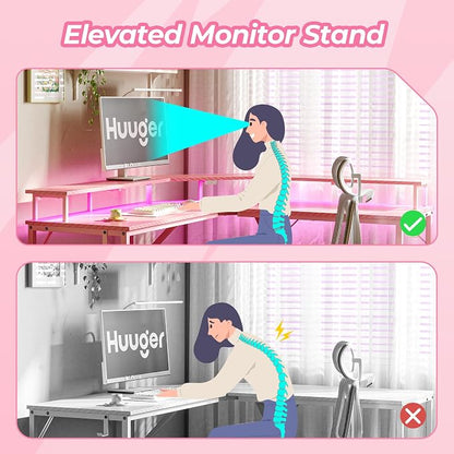 Huuger L Shaped Gaming Desk with Power Outlets & LED Lights, Computer Desk with Monitor Shelves, Carbon Fiber Surface, Home Office Desk, Corner Gaming Desk with Hooks, Carbon Fiber Pink