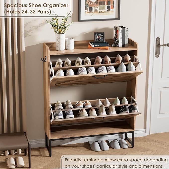 Nicetree Shoe Cabinet with 2 Flip Drawers，Freestanding Shoe Storage Cabinet, Narrow Shoe Organizer Cabinet, Farmhouse Slim Shoe Rack Cabinet for Entryway, Oak with Hook